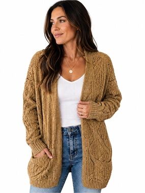 NWT Hippie Rose Camel Tan Pointelle Cable Knit Open Front Cardigan